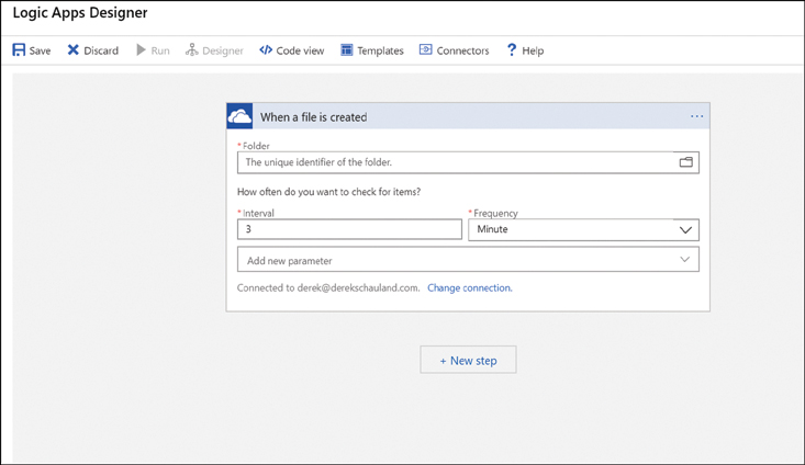 This is a screenshot of the logic apps designer configuring action to be taken when a file is created within the specified folder. The configuration checks every three minutes for new files.