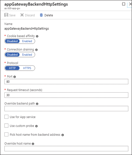 This is a screenshot of the HTTP backend settings for an application gateway showing the current state of Cookie-Based Affinity, Connection Draining, and the Protocol for this backend. The Port and Timeout are also configured. Other settings include the Override Backend Path, and options to use the backend for an app service, use a custom probe, pick the hostname from the backend address, and override the hostname.