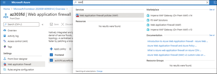 This is a screenshot of the Azure search for WAF policy with Web Application Firewall policies (WAF) selected in the results