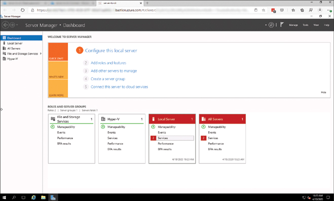 This is a screenshot of the server manager screen for a running virtual machine with a connection established through Azure Bastion in a browser.