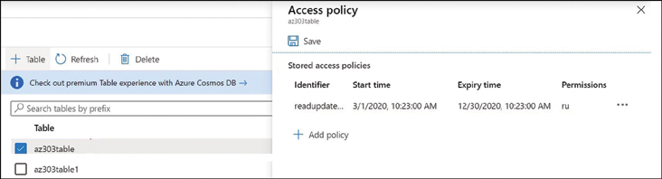 This screenshot shows the Azure portal. It has two columns and one row. The first column indicates the number of tables under the storage service, and the second column displays the Access policies on the selected table.