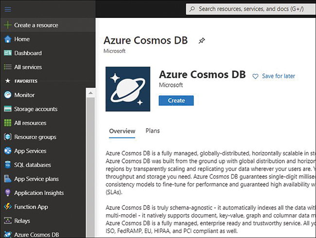 This is a screenshot of the Azure portal’s Create A Resource navigation pane. On the right, an Azure Cosmos DB blade with Create and Save For Later options buttons.