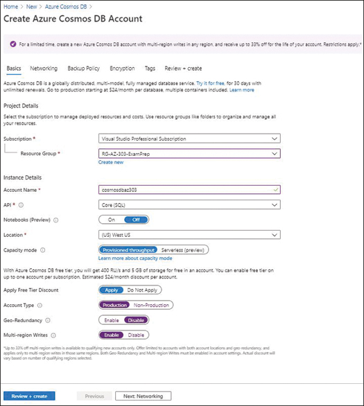 This screenshot shows a screenshot from the Azure portal to create a Cosmos account. It is divided into several sections. Each section corresponds to settings that must be provided to create a cosmos account. From top to bottom, the Project Details are where you add the Subscription and Resource Group details. The Instance Details section displays the necessary information about the Cosmos account that must be supplied, such as Account Name, API, Location, Geo-Redundancy, and Multi-Region Writes. At the bottom left is a Review + Create button.