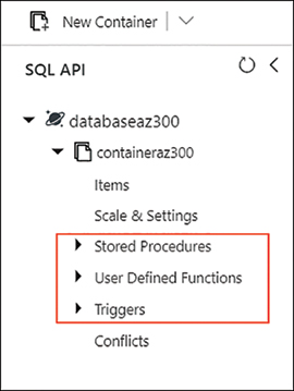 This is a screenshot from the Azure portal Cosmos account that displays options for writing server-side code on the Cosmos DB.