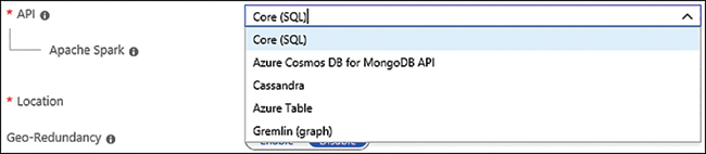 This is a screenshot of the Azure portal Cosmos DB account. At the left, the supported APIs are shown. At the right, a drop-down menu from which you choose APIs is shown.