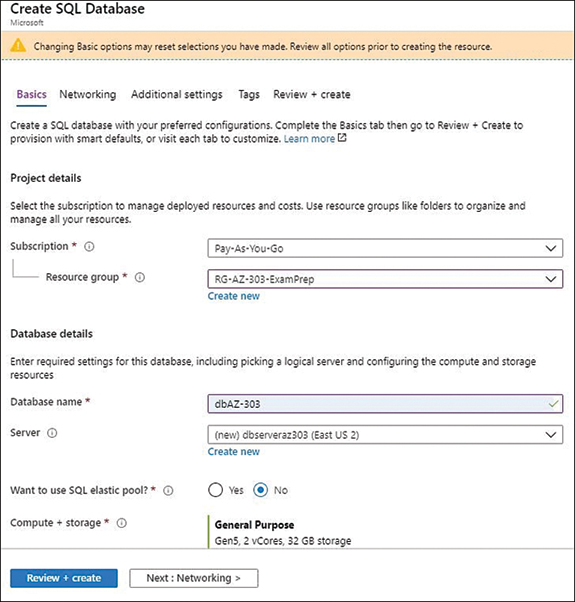 This screenshot shows the Create SQL Database screen. There are two sections: Project Details, where you select the Subscription and Resource Group, and Database Details, where you set the Database Name and Server.