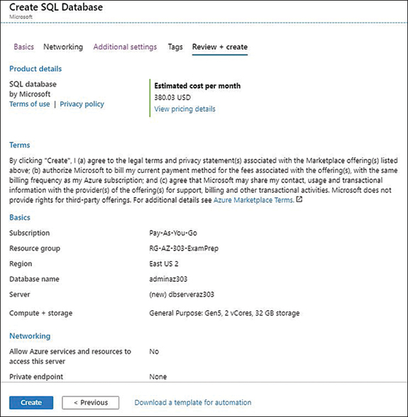 This is a screenshot of the Create SQL Database screen. Four tabs are available: Basics, Networking, Additional Settings, Tags, and Review + Create. The Review + Create tab is selected, which shows product details, estimated cost per month, terms, subscription basics, and networking details. A Download A Template For Automation link appears to the right of the Create and Previous buttons.