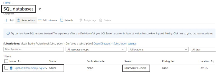 This is a screenshot that shows the SQL Databases blade, which shows throw to filter out database resources within a subscription and resource group. At the bottom, available database resources are shown.