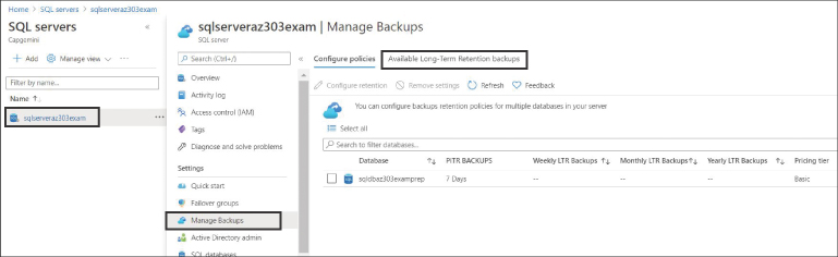 This screenshot shows the Manage Backups blade. On the left is a navigation menu from which Manage Backups has been selected. On the right, available long-term retention backups are shown. The available databases on the selected server are shown.