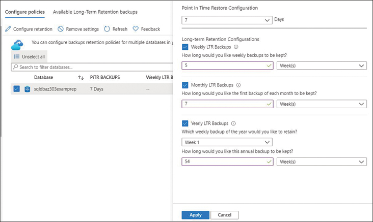 This screenshot shows the Configure Policies blade, where you configure long-term retention policies. Available databases on the server are shown on the left. On the right, you can configure PiTR backup policies. Apply and Cancel buttons appear at the bottom.