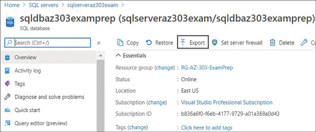 This screenshot shows a manual backup being exported to Azure Storage. SQL server menu settings are shown on the left. At the right are the Copy, Restore, Export, and Set Server Firewall buttons. Lastly, information about the selected database is shown.