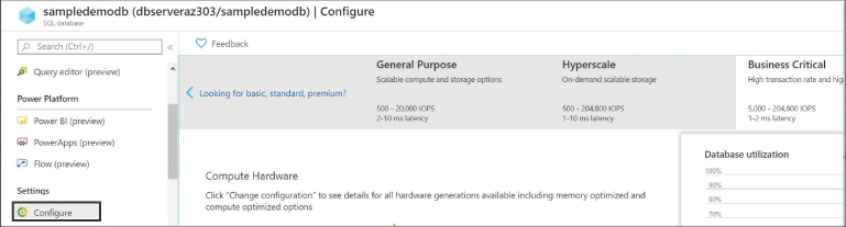 This is a screenshot of the Azure portal to configure database scale-out settings. The screenshot has two columns. The first column shows the database menu items to navigate to a specific configuration pane. The second column displays the scale-out setting and available service tiers.