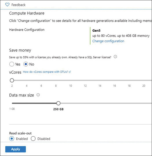 A screenshot of the Azure portal to predefine database throughput and storage. There are three configuration sections. Starting from top to bottom, the section on the top has a slider to configure database vCore settings. The second section gives you an option to define database storage capacity. On the bottom, there is a radio button to enable or disable read scale-out setting followed by an Apply button to save changes.