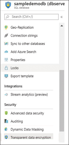 this is a screenshot of the SQL Database pane. The image shows several database menu items that correspond to different settings on the database, including network settings and security settings.