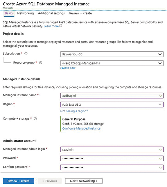 This is a screenshot of the Create Azure SQL Database Managed Instance screen. This is where you provide the necessary information, such as a unique database name, resource group, region, SKU, and administrator username and password.