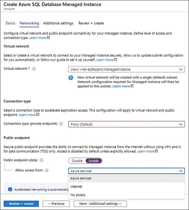 This is a screenshot of the Networking tab of the Create Azure SQL Database Managed Instance screen, where you set the Virtual Network, Connection Type, and Public Endpoint.