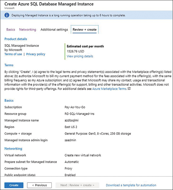 A screenshot from the Azure portal that shows one column to review the database request form. There is Create and the previous button on the bottom to submit or edit the request.