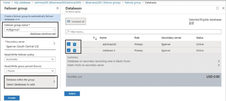 This is a screenshot that shows how to set up a failover group for Azure SQL Databases. At the left, a name has been entered in the Failover Group Name field, Read/Write Failover Policy has been set to Automatic, and Read/Write Grace Period (Hours) has been set to 1 Hours.