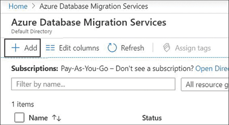 This screenshot shows the Azure Database Migration Services window. From here, you click Add to add a database migration service.