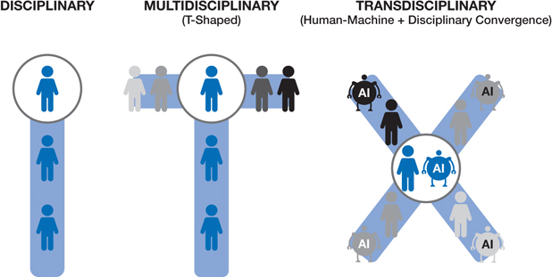 The figure shows three different theories. From left-to-right, the first I-shaped theory is labeled as “DISCIPLINARY,” the second T-shaped theory is labeled as “MULTIDISCIPLINARY,” and the third X-shaped is labeled as “TRANSDISCIPLINARY.”