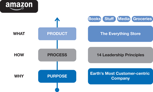 The figure shows a flow chart explaining Amazon's business strategy (why, how and what).