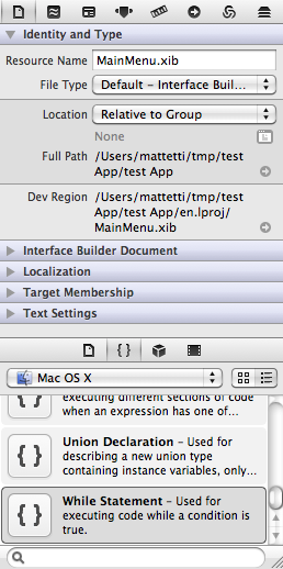 Xcode Utility area when editing an .xib file