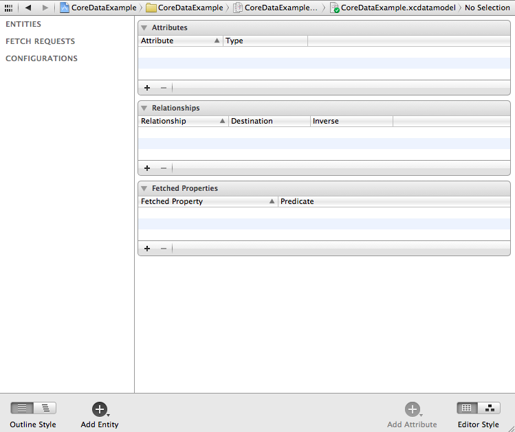 View of a blank xcdatamodel file in Xcode 4