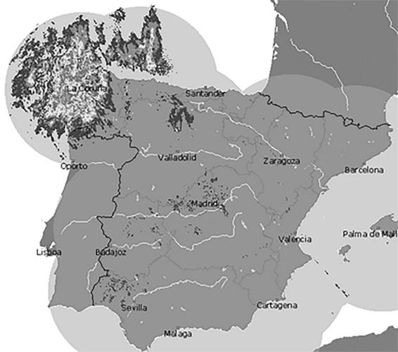 A weather map of Spain showing the storm