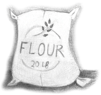 A bag of flour. On the bag, there is a picture of some wheat, and the words "Flour 20 LB" are printed in all capital letters.