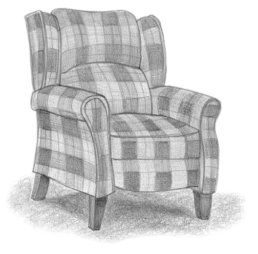 A drawing of a cushioned armchair with plaid fabric and wooden legs.