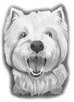 A drawing of Harvey's face. He has his mouth open, as if he were barking or smiling.