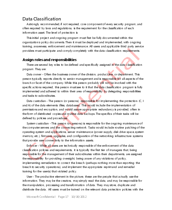 A page of a sample document showing the word Confidential as a watermark printed diagonally and in red behind the printed content of the sensitive document.