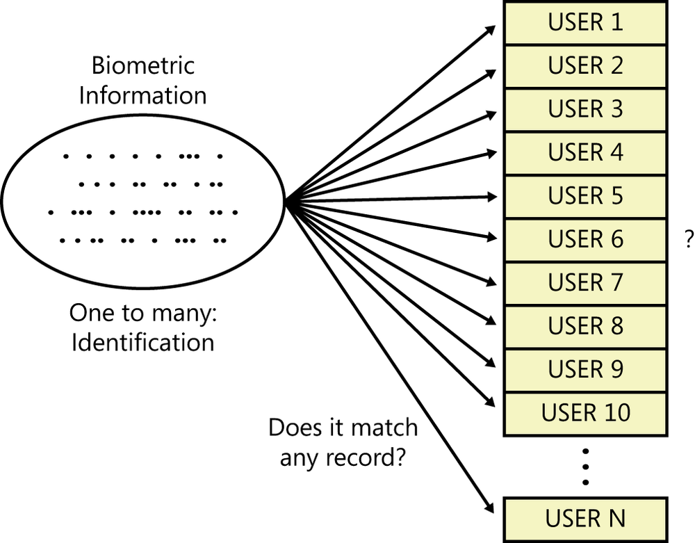 The shows a series of user records stored in an authentication system user database. A representation of biometric data is shown and is linked to every user record. The question is posed: Does the biometric data match any record?