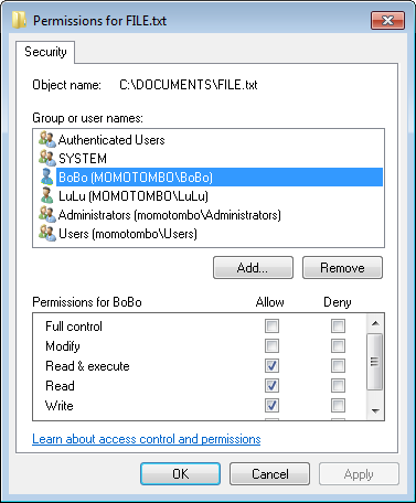 The figure shows a dialog box entitled Permissions For FILE.TXT. In the top half of the dialog box is a list of group names or user names that have been granted permissions on FILE.TXT. A user named Bobo is selected. The bottom half of the dialog box shows a list of permissions for the user Bobo and includes a series of allow and deny permission check boxes for each of the listed permissions. The check boxes for the allow permissions of read and execute, read, and write have been selected.