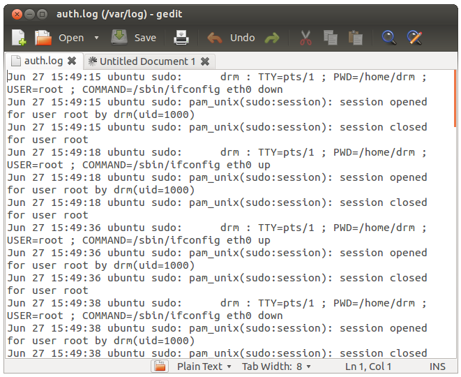 The figure shows the auth.log file from /var/log. Several logged events are presented showing some of the activities performed that required credentials for root, an authentication event.