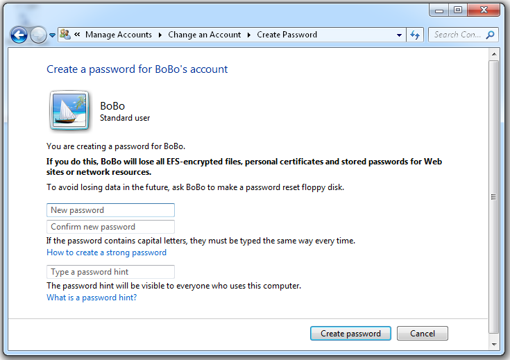 The figure shows the Create Password dialog box with Create A Password For BoBo’s Account at the top. A user account for BoBo, a standard user, is shown. In the middle of the Create Password dialog box are two fields, New Password and Confirm New Password. Below these fields is another field, Type A Password Hint. At the bottom of the dialog box are two buttons, Create Password and Cancel.