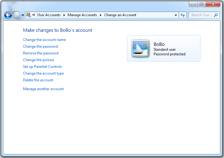 The figure shows the Change An Account dialog box with Make Changes To BoBo’s Account at the top. A user account for BoBo, a standard user, password-protected, is shown. In the middle of the Change An Account dialog box, a series of hyperlinks for account management tasks are presented, as follows: Change The Account Name, Change The Password, Remove The Password, Change The Picture, Set, Up Parental Controls, Change The Account Type, Delete The Account, and Manage Another Account.