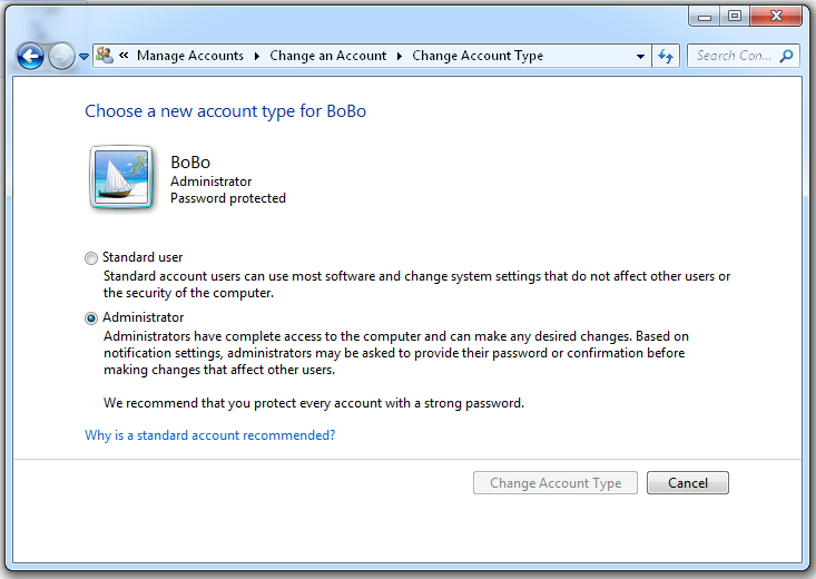 The figure shows the Change Account Type dialog box with Choose A New Account Type For BoBo at the top. A user account for BoBo, an administrator, password protected, is shown. There are two radio buttons, Standard User and Administrator. The Administrator button is selected. At the bottom of the dialog box are two buttons, Change Account Type and Cancel.