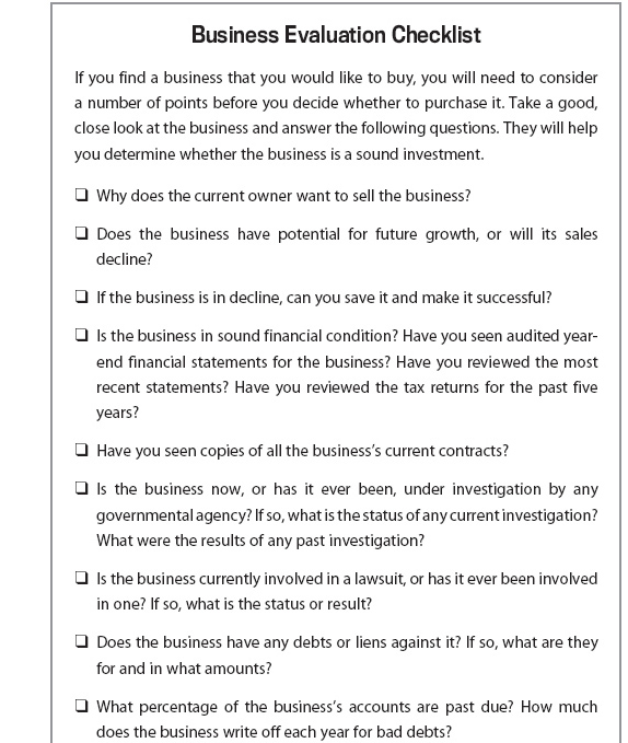 Figure 5.1 Business Evaluation Checklist