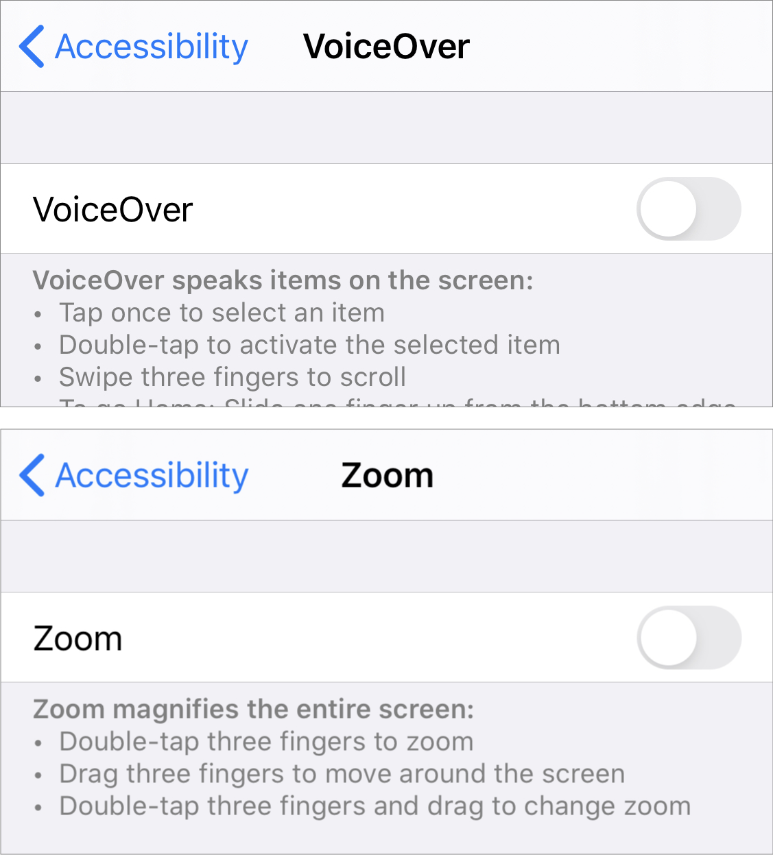 Figure 54: Double-taps, three-finger swipes, three-finger double-taps, three-finger double-taps and drags…the Accessibility settings on iPhone and iPad can keep your fingers dancing until they cramp.