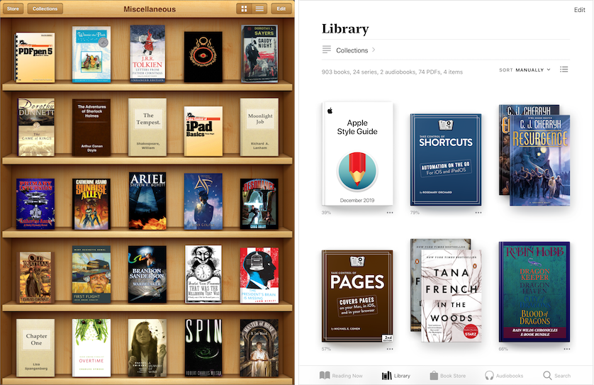 Figure 55: iBooks in early 2011 displayed your ebooks in a skeuomorphic bookshelf (left); the only hint of skeuomorphism in the Books display of your ebook library’s contents in 2020 are the shadows that the book covers cast (right).