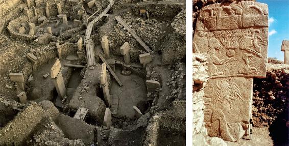 10. A sinistra. Resti di una struttura monumentale scoperta a Göbekli Tepe. A destra. Uno dei pilastri di pietra decorati (alto circa 5 metri).