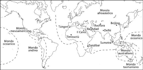 Mappa 3. La Terra nel 1450 d.C. Le città indicate nel Mondo afroasiatico furono visitate nel XIV secolo dal viaggiatore musulmano Ibn Battuta. Nativo di Tangeri, in Marocco, visitò Timbuctù, Zanzibar, la Russia meridionale, l’Asia centrale, l’India, la Cina e l’Indonesia. I suoi viaggi illustrano l’unità dell’Afro-Asia alla vigilia dell’era moderna.