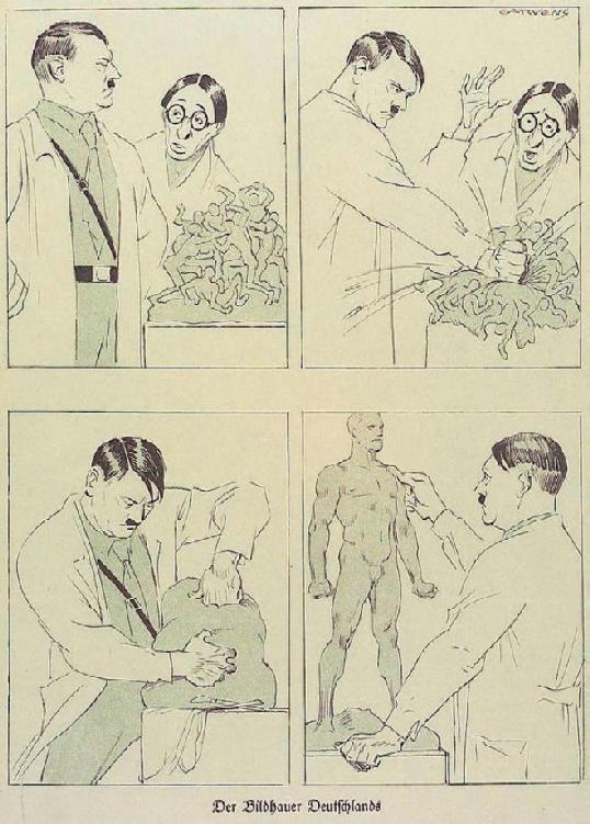 21. Una vignetta nazista del 1933. Hitler viene raffigurato come uno scultore che crea il superuomo. Un occhialuto intellettuale liberale è sbigottito dalla violenza necessaria per creare il superuomo. (Si noti anche la glorificazione erotica del corpo umano.)