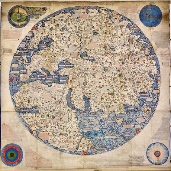 23. Una mappa europea del mondo, risalente al 1459. È piena di dettagli, anche quando raffigura sezioni del mondo di cui gli europei non avevano alcuna conoscenza, come l’Africa del Sud.