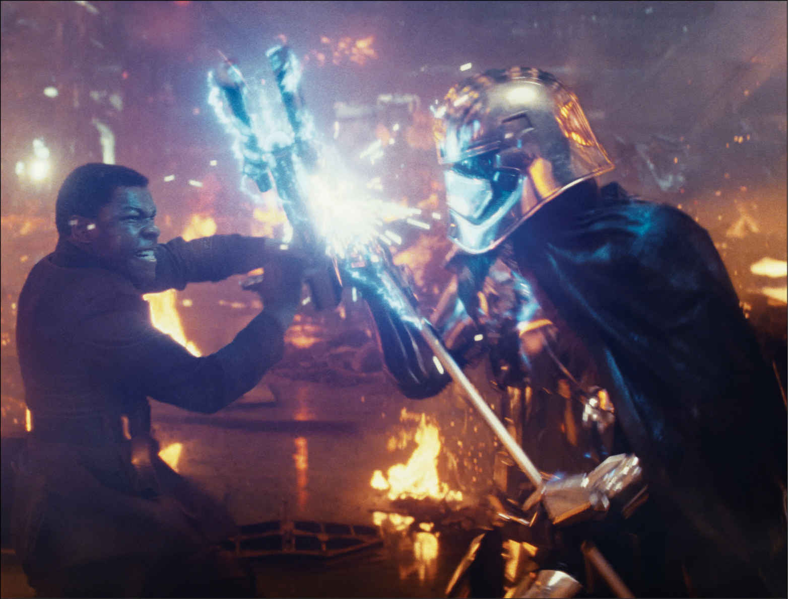 Meanwhile, Finn and Rose board the same Mega-class Star Destroyer and fight against their First Order foes.