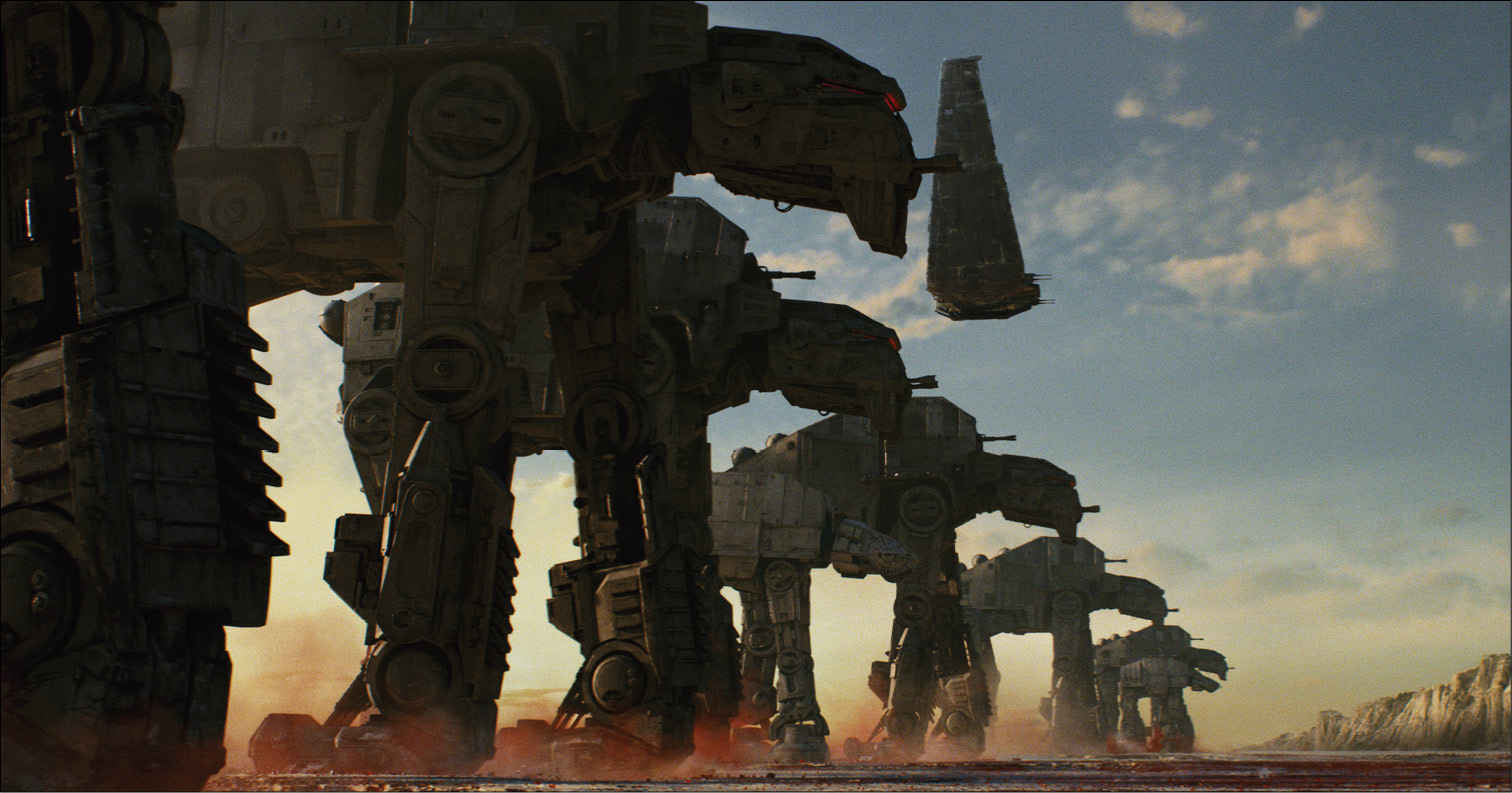 The battle of Resistance vs. First Order culminates on the planet of Crait, where First Order AT-M6s and Resistance ski speeders face off above the ancient salt flats. 