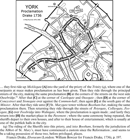 Fig. 4 Route of Sheriffs’ Riding as specified by Drake. Apart from the stations at F and G, this follows the route of the Corpus Christi Play (other stations numbered).62