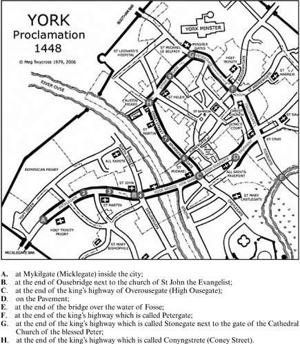 Fig. 5 Route of proclamation specified on the dorse of TNA, C 255/3/9 no. 18. Endorsement of writ of proclamation, 1448.