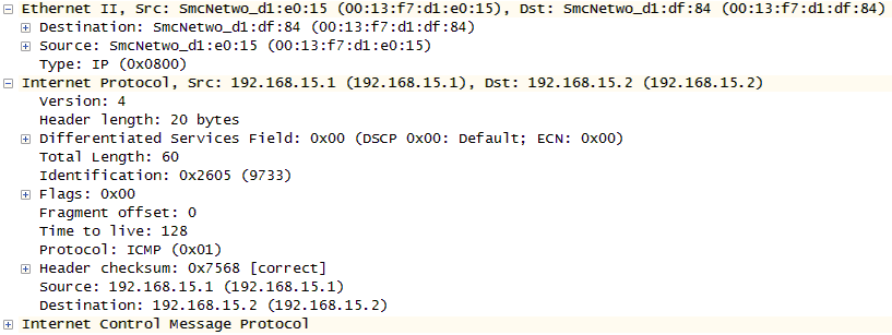 IP and MAC addresses used in Case 1